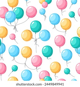 Colorful balloons endless design. Helium floating balloons seamless pattern, glossy flying balloons flat vector background illustration. Cartoon holidays balloons seamless pattern