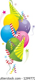 Colorful balloons and festive tinsel. Vector