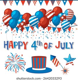 Colorful balloons, fireworks, and patriotic symbols in red, white, and blue. Perfect for Independence Day themed designs