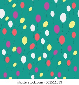 Colorful balloons in flight. Seamless pattern with colored balloons. Flat style. Chaotic spotted print on teal. Great for fabric, wrapping paper, wallpaper, web pages, cover design, clothes