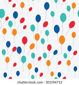 Colorful balloons in flight. Seamless pattern with colored balloons. Flat style. Chaotic spotted print on white. Great for fabric, wrapping paper, wallpaper, web pages, cover design, clothes