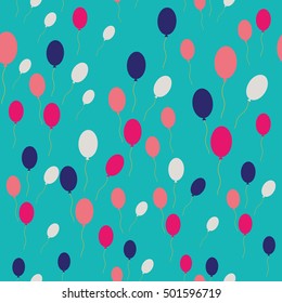 Colorful balloons in flight. Seamless pattern with colored balloons. Flat style. Chaotic spotted print on white. Great for fabric, wrapping paper, wallpaper, web pages, cover design, clothes