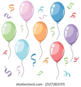 Colorful balloons floating in the air. Decoration for the holiday with balloons. Helium balloons vector. birthday decoration. Vector illustration.