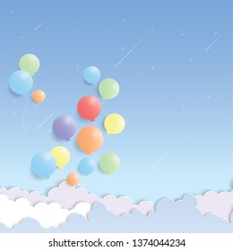 Colorful balloons floating in the sky, paper art vector, Vector design