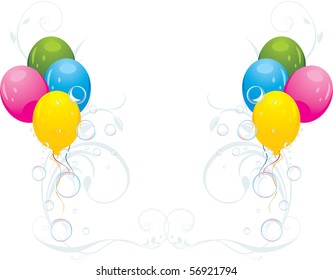 Colorful balloons with floral ornament and bubbles. Festive composition. Vector