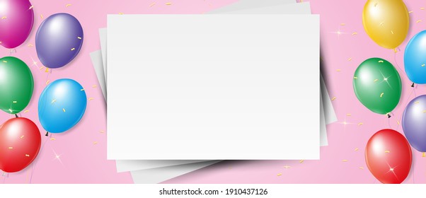 Colorful balloons fly with helium. Background with festive realistic 3d balloons with ribbon and gold glitter confetti. Birthday template. Vector illustration