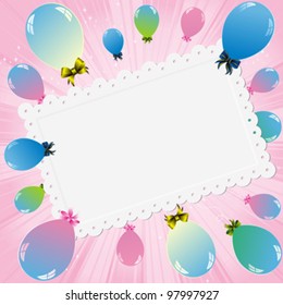 colorful balloons flying above white congratulation card on abstract pink strip background