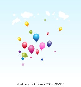 Colorful balloons flying on the blue sky in sunlight in day time below clouds