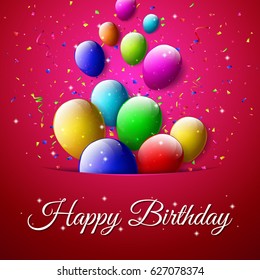Colorful balloons flying out of pocket on red background