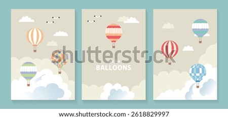 Colorful balloons flying in the sky background illustration set