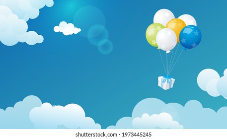 Colorful balloons flying in the sky with holiday gifts, abstract vector holiday concept background. 