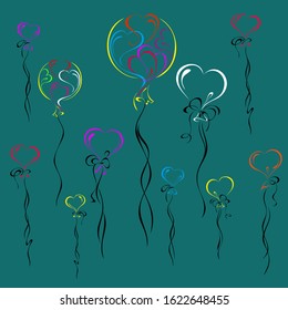 colorful balloons in the form of hearts on a green background