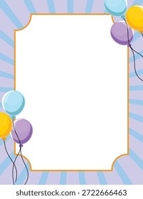 Colorful balloons frame with purple rays and orange border on white blank space