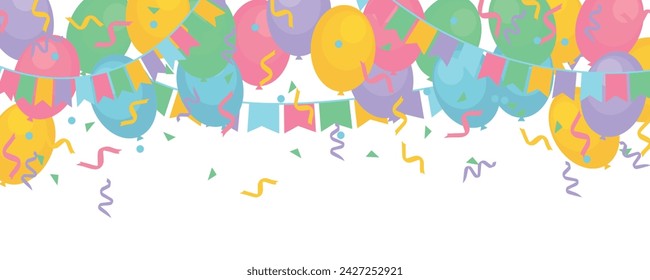 Colorful balloons with garland and confetti on white background