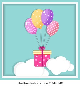 Colorful balloons with gift box flying above clouds, Creative Party celebration background for Birthday, Anniversary and other occasions.