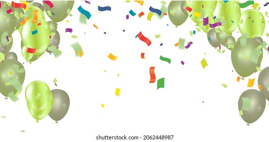 Colorful balloons green with triangular party flags, confetti and paper streamers Place for your text. Design