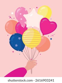 Colorful balloons in hand, festive celebration background. Heart, star, round balloons for party, birthday, kids event. Cute vector illustration, pink tones, holiday design, cheerful vibe