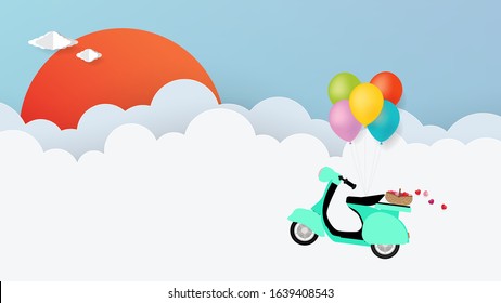 Colorful balloons hang hearts basket scooter in to sky on cloud background, Illustration vector for Valentine day decorations