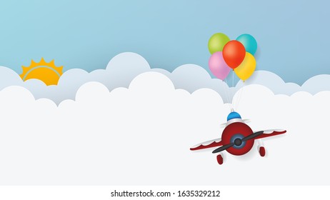 Colorful balloons hang propeller airplane in to sky with cloud background, Illustration vector