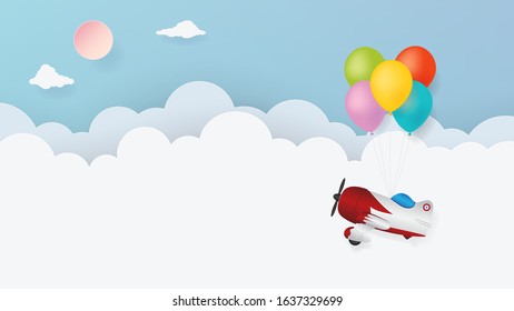 Colorful balloons hang propeller airplane in to sky with cloud background, Illustration vector