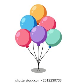 Colorful balloons hanging from a string on a white background