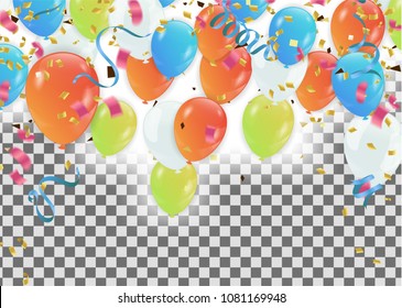 Colorful balloons Happy Birthday  Holiday frame or background with colorful balloon, cap and streamer. Flat lay style. Birthday or party greeting card with copy space.
