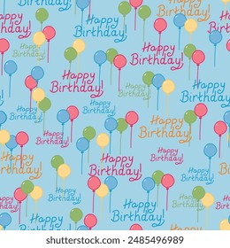 Colorful Balloons and Happy Birthday on a Blue Background seamless pattern print background