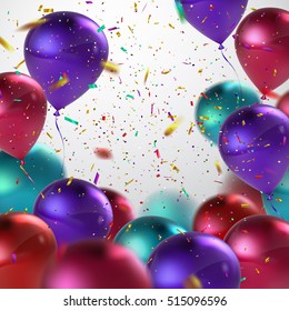 Colorful Balloons And Holiday Confetti Glitters. Vector Holiday Illustration Of Flying Balloons And Confetti Glitters. Award Ceremony Or Other Holiday Event Decoration Element