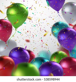 Colorful Balloons And Holiday Confetti Glitters. Vector Holiday Illustration Of Flying Balloons And Confetti Glitters. Award Ceremony Or Other Holiday Event Decoration Element