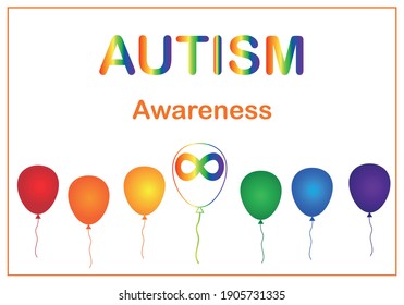 Globos coloridos y signo infinito en globo de colores del espectro del arco iris. Vector de concepto del Día Mundial de la Conciencia del Autismo.  Conciencia y aceptación de la neurodiversidad. 