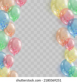 Colorful balloons isolated on png background. Festive 3d helium balloons, vector template for anniversary, birthday party design. Birthday baloon flying for party. Vector celebration banner.