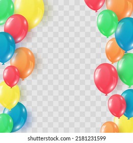 Colorful balloons isolated on png background. Festive 3d helium balloons, vector template for anniversary, birthday party design. Birthday baloon flying for party. Vector celebration banner.