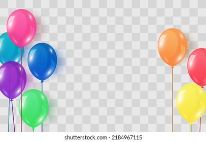 Colorful balloons isolated on png background. Festive 3d helium balloons, vector template for anniversary, birthday party design. Birthday baloon flying for party. Vector celebration banner.