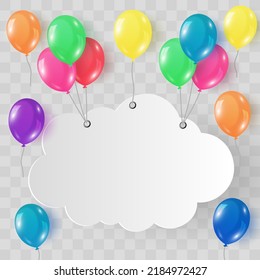 Colorful balloons isolated on png background. Festive 3d helium balloons, vector template for anniversary, birthday party design. Birthday baloon flying for party. Vector celebration banner.