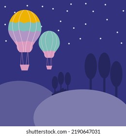 Colorful balloons and many stars in the night sky.