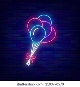 Colorful balloons neon sign. Present emblem. Happy Birthday concept. Glowing effect banner. Party celebration design on brick wall. Shiny label. Editable stroke. Vector stock illustration