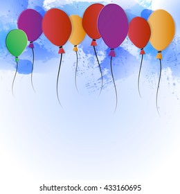 colorful balloons on  background with blue watercolor texture and free space for text
