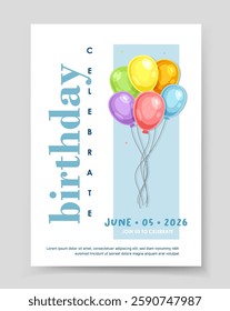 Colorful balloons on a birthday invitation card in flat style on a blue background. Concept of celebration. Vector illustration