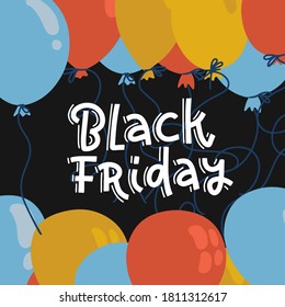 Colorful balloons on black background, Super sale concept design for Black Friday Sale banner. Trendy hand drawn lettering illustration