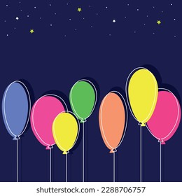 Colorful balloons on dark blue background with stars, vector illustration