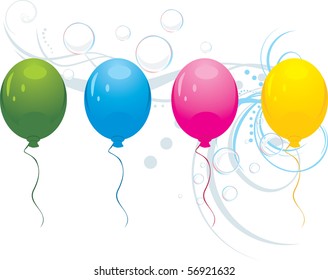 Colorful balloons on the floral ornament with bubbles. Vector