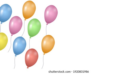 Colorful balloons on left side isolated on white background with space for text. Template for postcard, banner, poster, web design. Hand Drawn vector illustration.