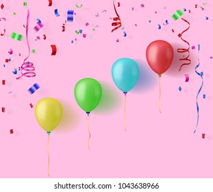 colorful  balloons on pink background with  colorful ribbon and  confetti