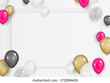 Colorful balloons on white blank space with horizontal frame. Festive party background or birtday concept.