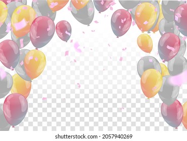 Colorful balloons orange, pink and gray with triangular party flags, confetti and paper streamers Place for your text. Design