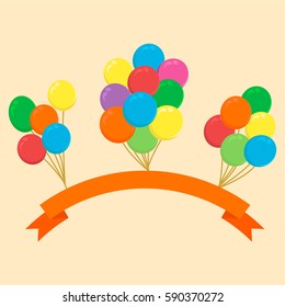 Colorful Balloons with Orange Ribbon. Holiday Banner in Cartoon Style. Vector illustration.