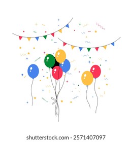 Colorful Balloons With Party Decorations In Flat Vector Illustration Symbolizing Celebration, Happiness, And Festivity, Isolated On White Background.