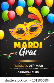 Colorful balloons and party mask illustration on shiny black background for Mardi Gras party flyer design.