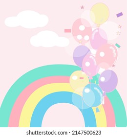 colorful balloons Pastel rainbow and clouds on pink background