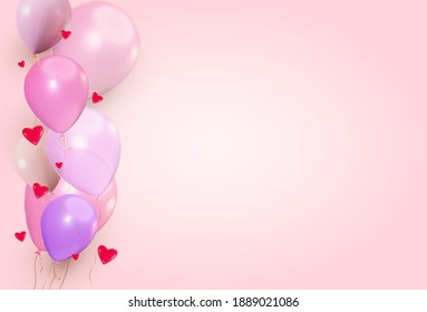 Colorful balloons pink with red hearts background celebration. Vector illustration isolated on white background.